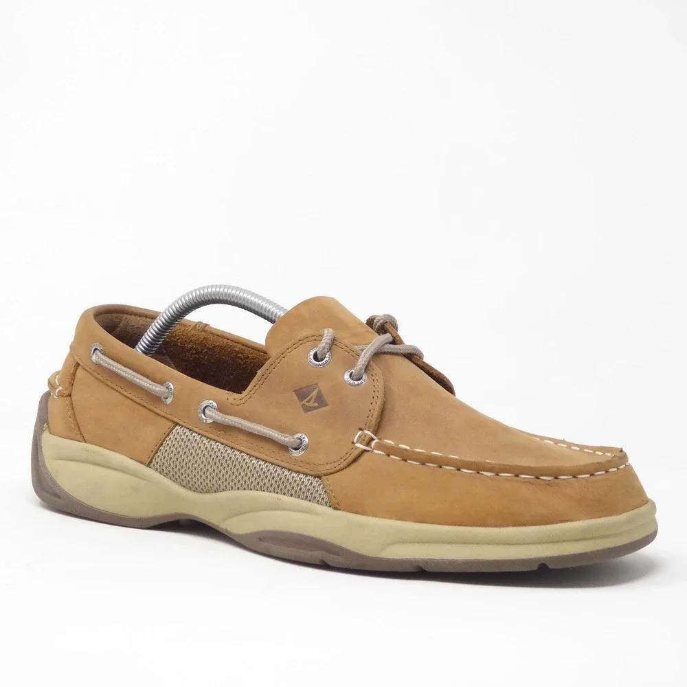 Sperry Mens Intrepid 2-Eye Boat Shoes Tan Leather Mesh STS21592 Size 11